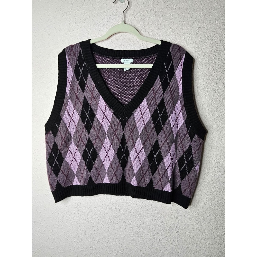 Rue21 Rue+ Womens 3X Argyle V-Neck Sweater Vest Purple Black Cropped Knit Bratz